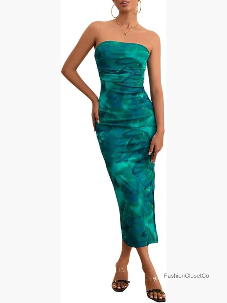 Strapless Tube Top Maxi Dress With Slit Hem Bodycon Sleeveless Wedding Guest